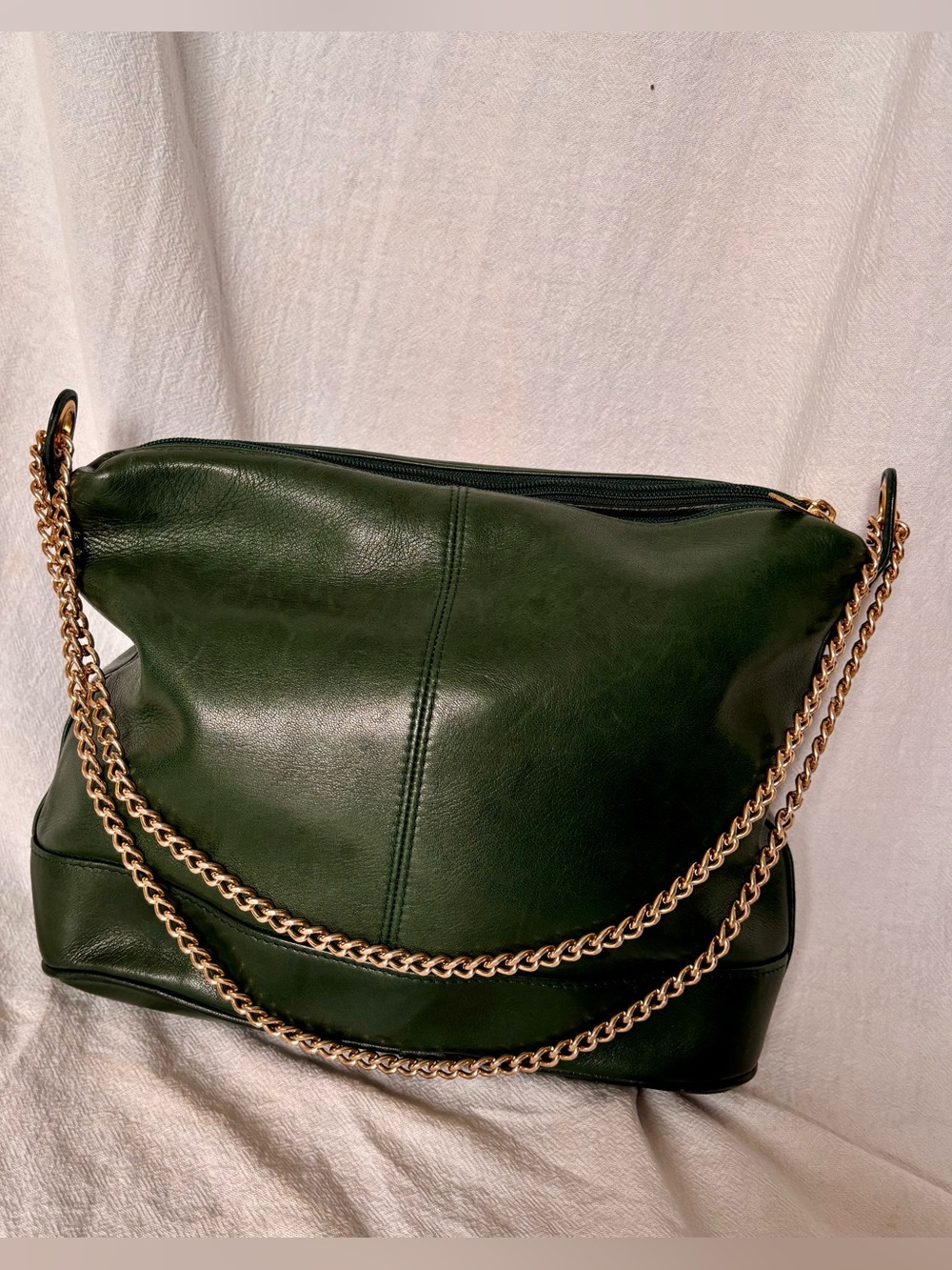 VTG Tignanello Dark Green Leather Shoulder Bag with Gold Chain